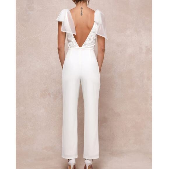 Lulus NWT Dignified Beauty White Mesh Embroidered Tie-Strap Jumpsuit Small - Picture 8 of 12